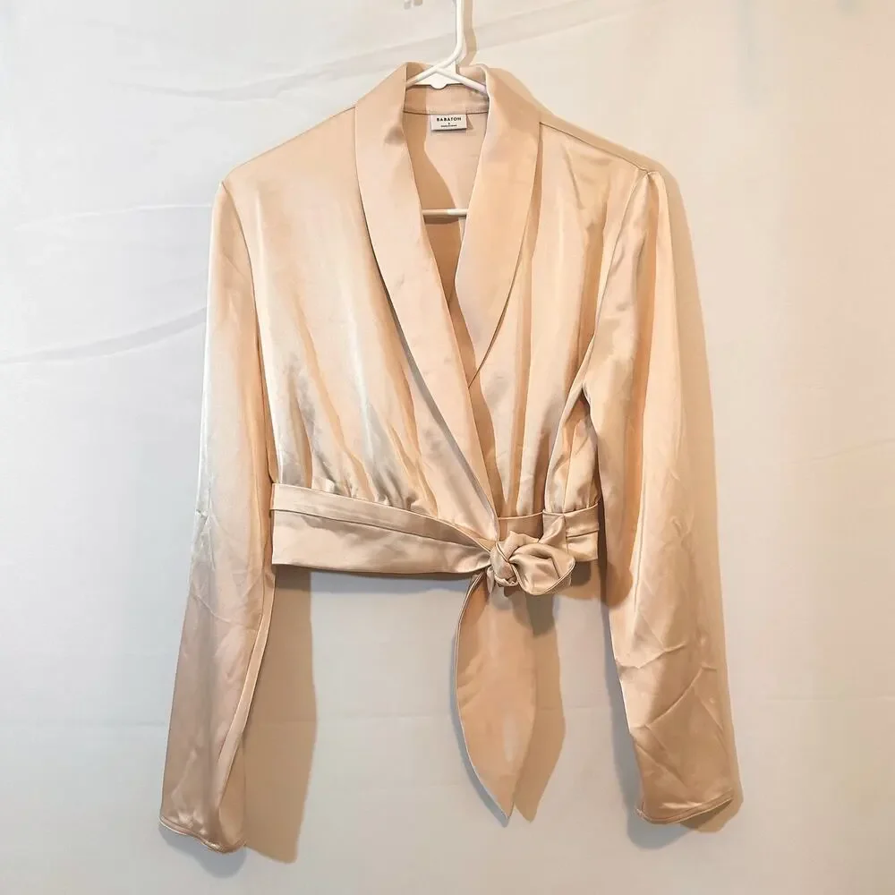 ARITZIA Babaton Davis Wrap Long Sleeve Crop Pink Blouse Sz. S - Picture 2 of 5